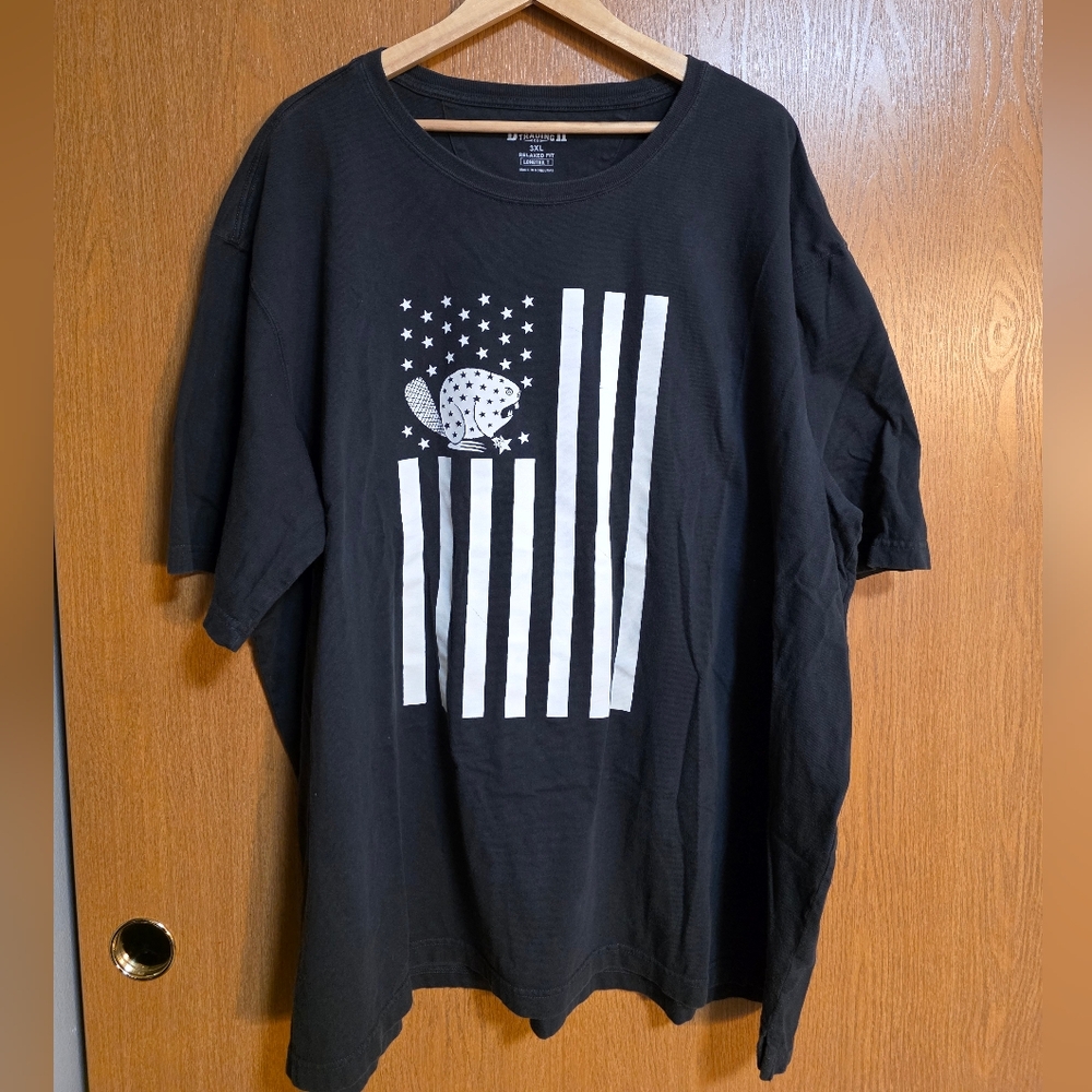 Duluth Trading Co Black Tee with Flag and Beaver Graphic 3XL